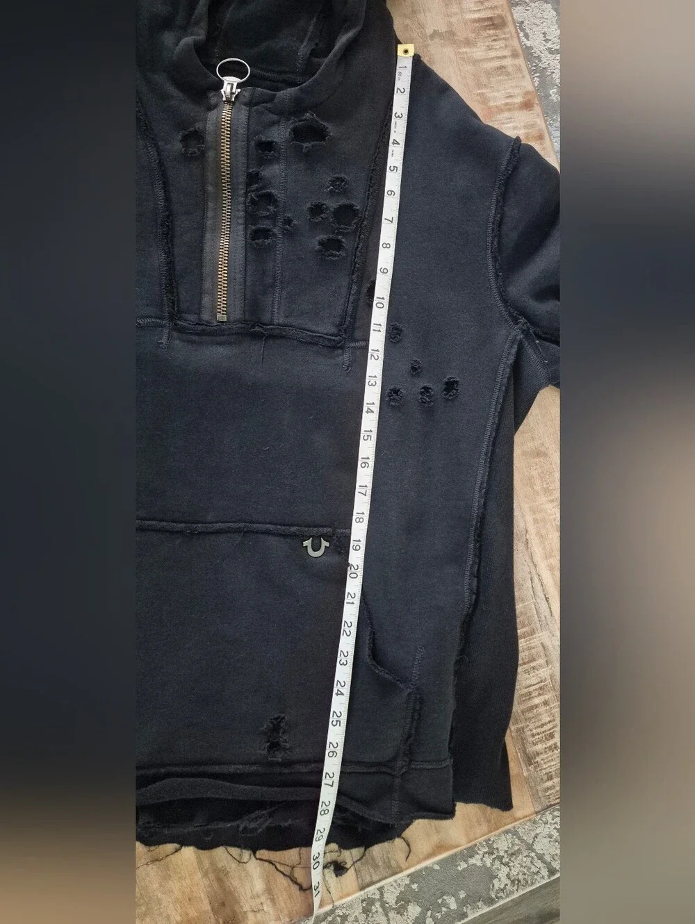 True Religion Distressed Half-Zip Hoodie Sweater Black Medium